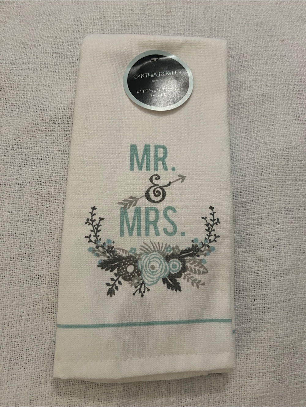 Cynthia Rowley White Kitchen Towel with Teal & Gray "MR. & MRS." WEDDING SEASON